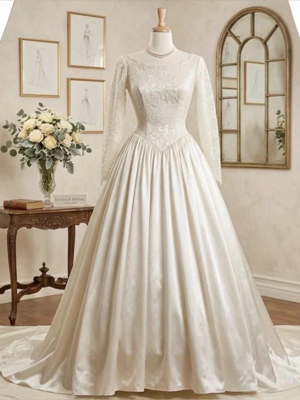 Vtg 1955 Duchess Satin and lace wedding Dress